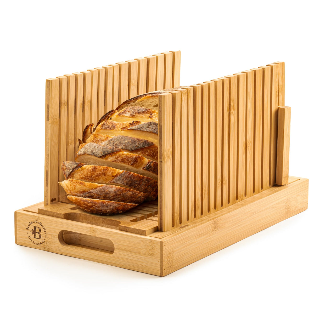 Bambüsi upgraded bread slicer on counter with easy serving tray.