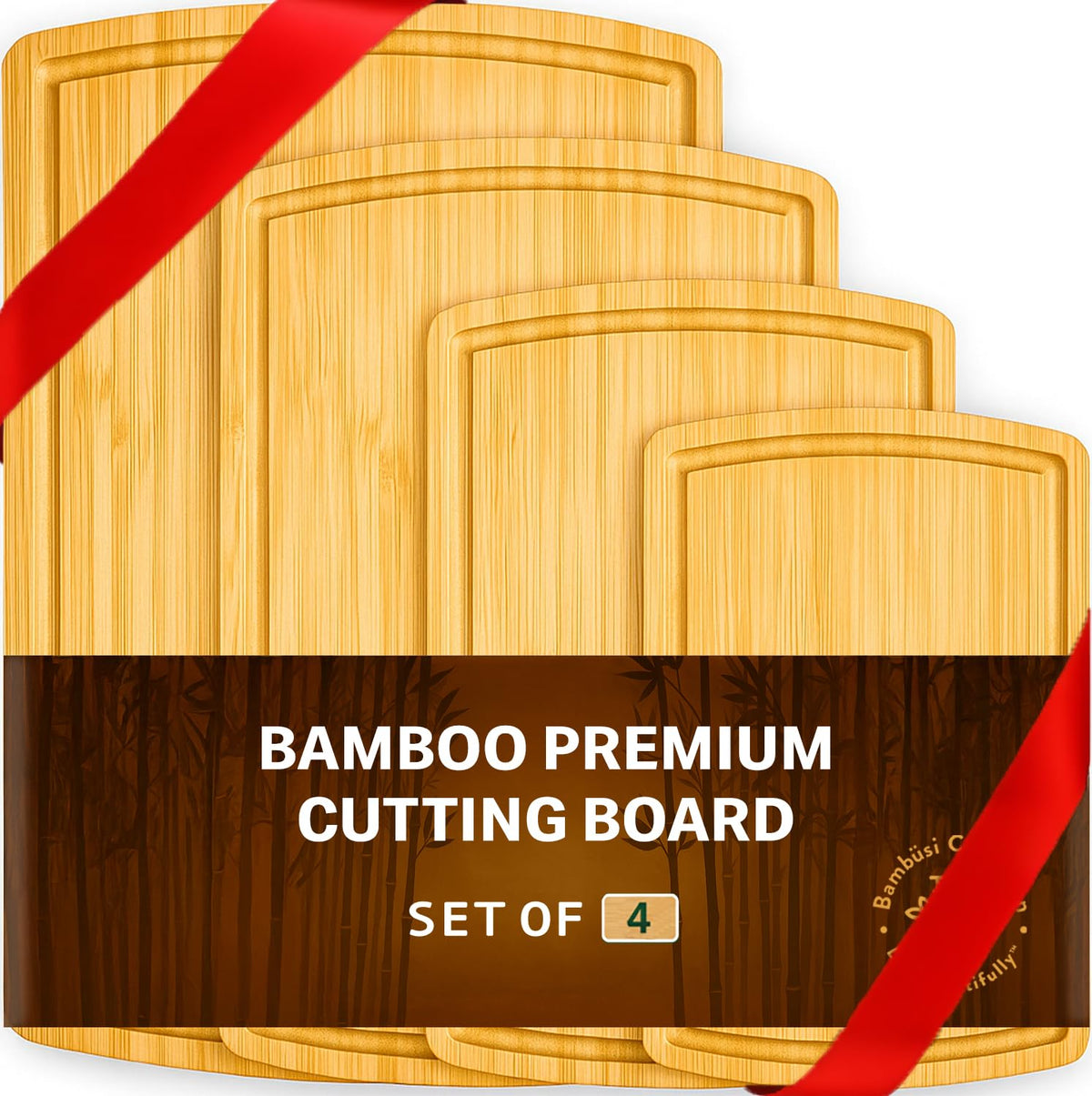 Bambüsi 4-piece bamboo cutting board set for organized meal prep and serving.