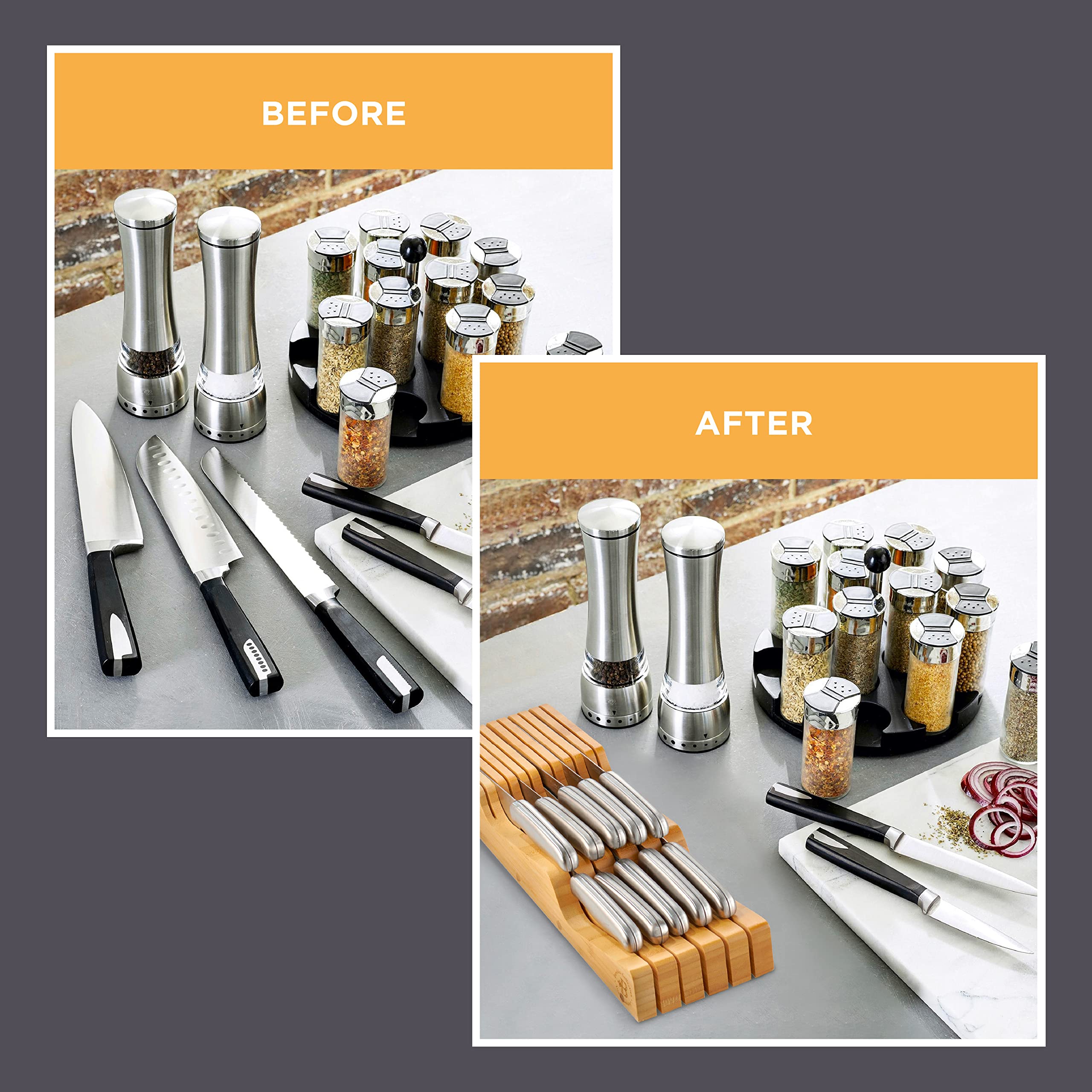 Bambusi wooden steak knife holder shown empty, ready for your knives.