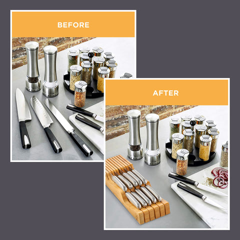Bambusi wooden steak knife holder shown empty, ready for your knives.