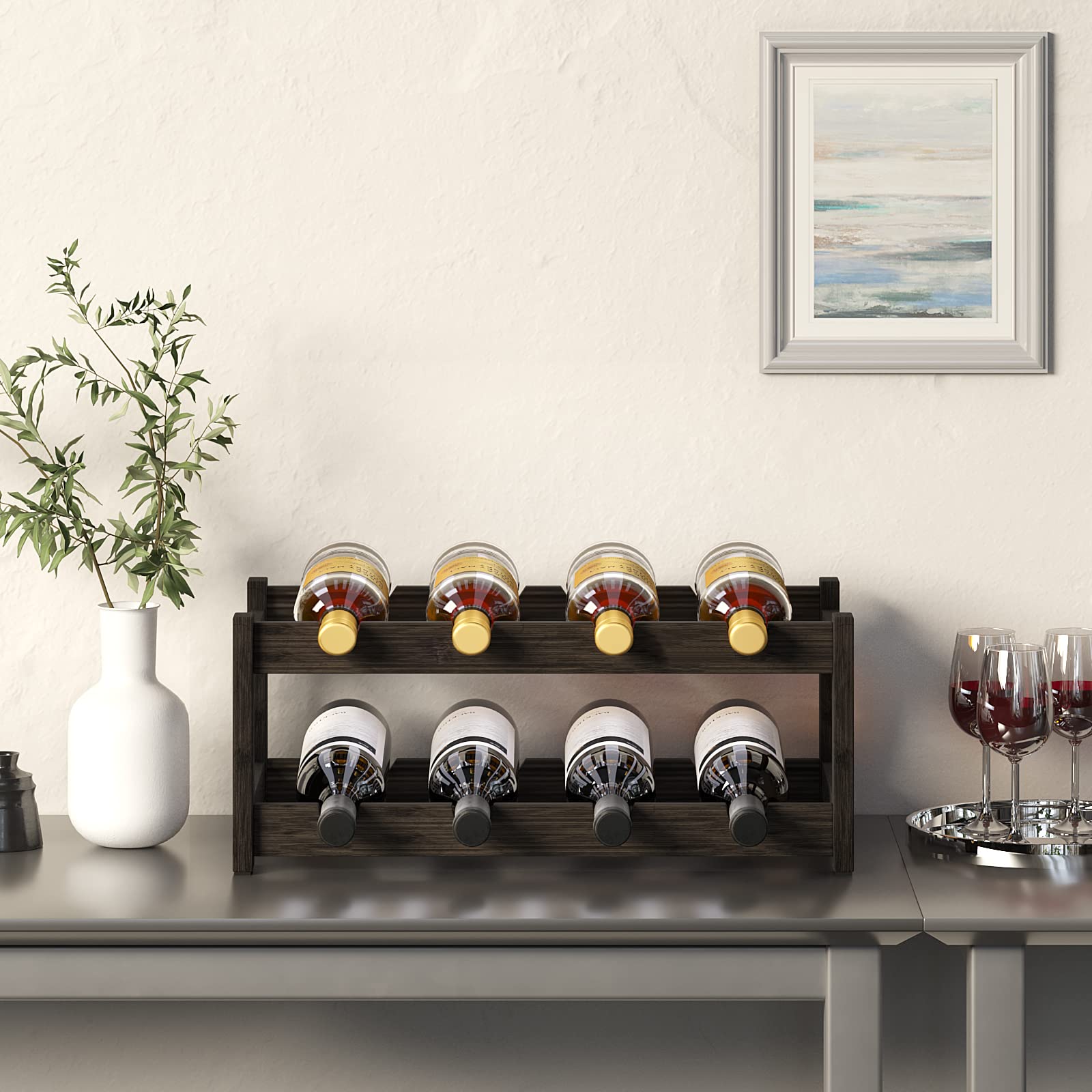 BAMEOS wine rack 8-bottle capacity close-up emphasizes bamboo material and smooth finish