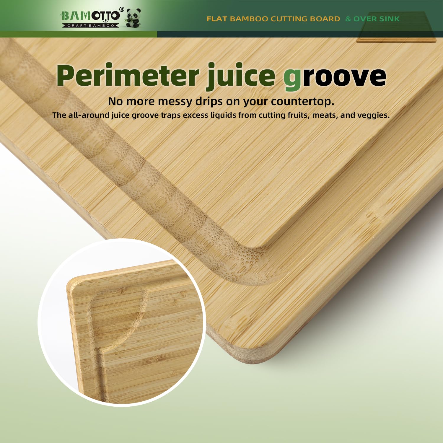 BAMOTTO CRAFTBAMBOO closeup shows built-in juice groove catching liquids