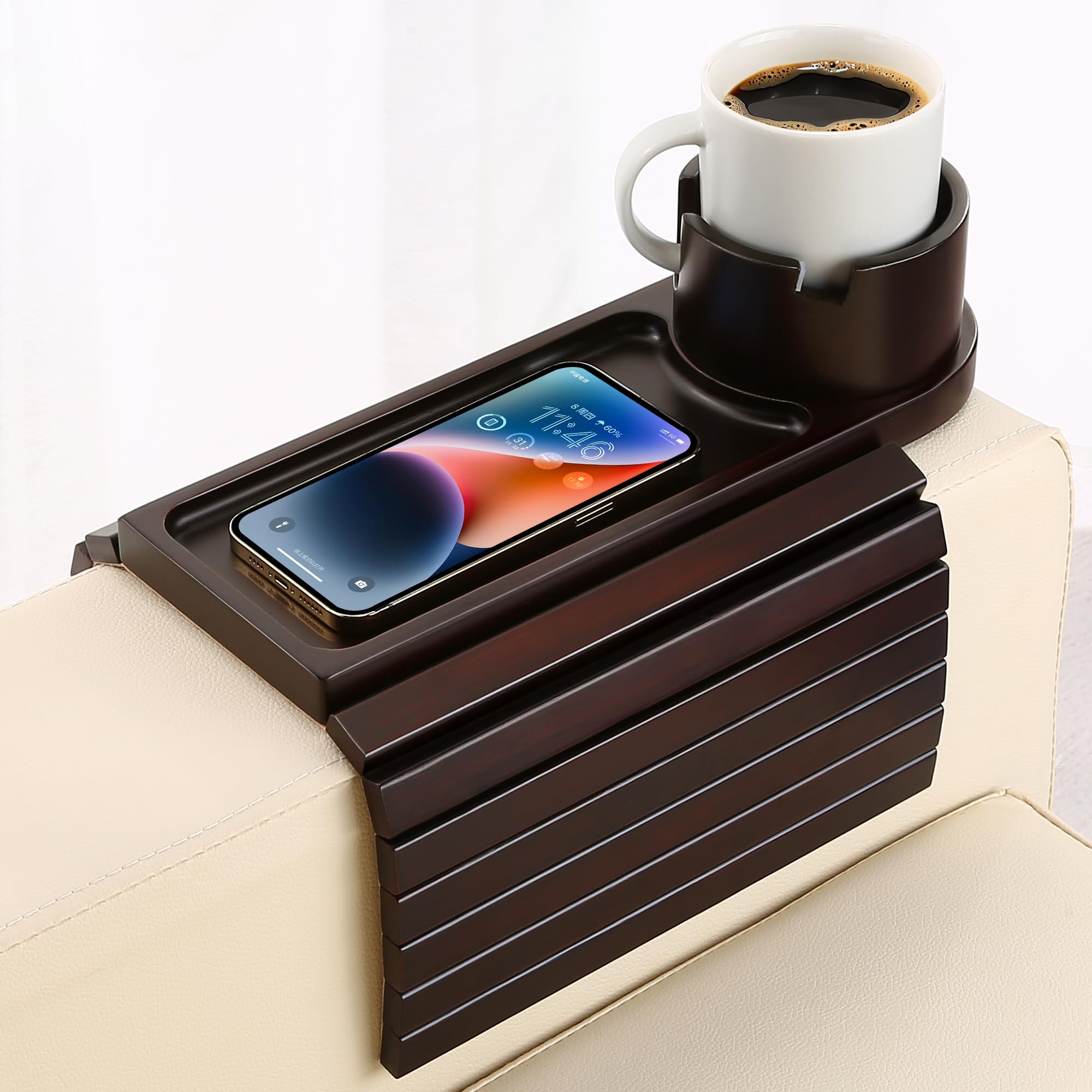 BAMTRAY couch cup holder tray on armrest for convenient snacks and drinks