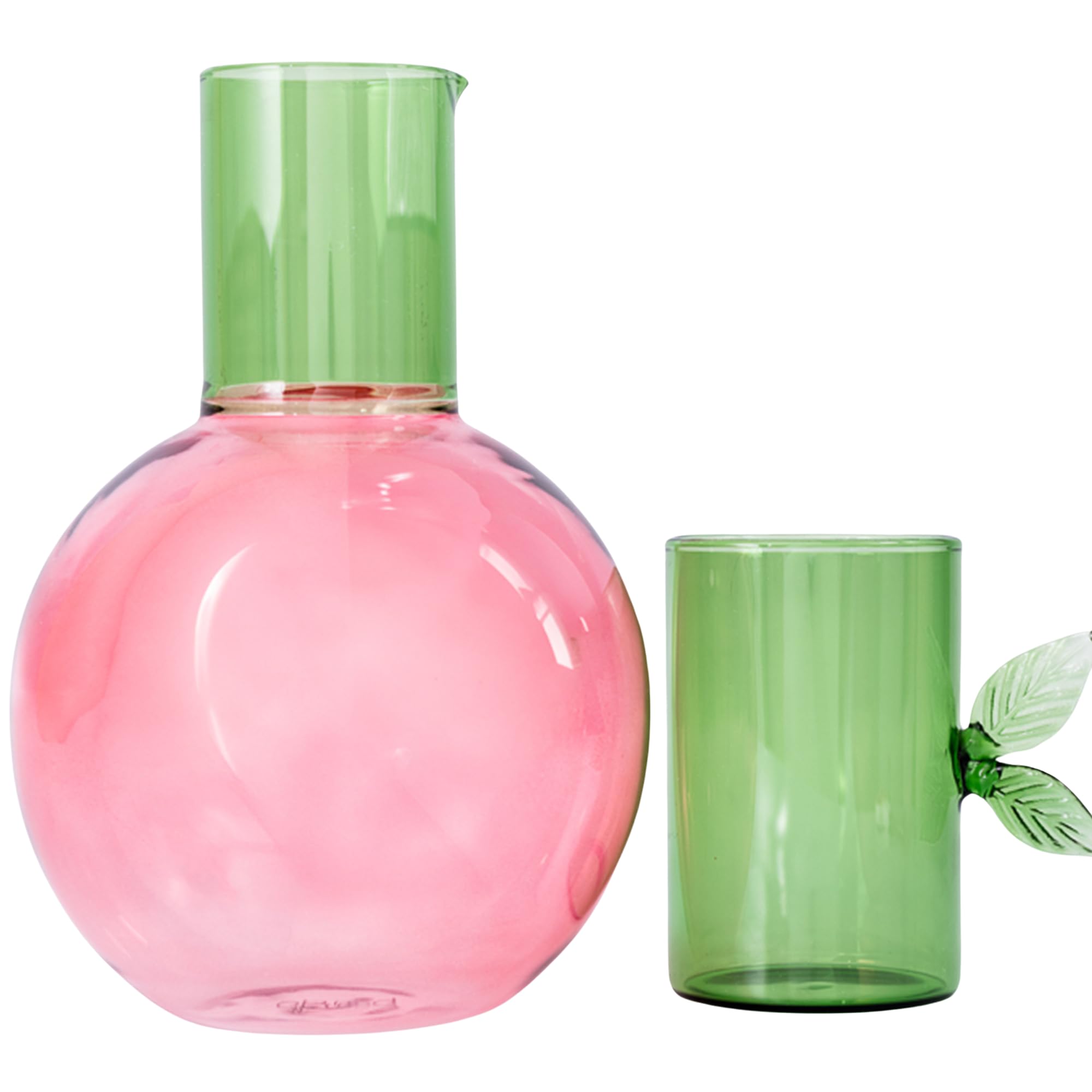 Ban.do cherry-shaped glass carafe with green stem on bedside table for easy night hydration.