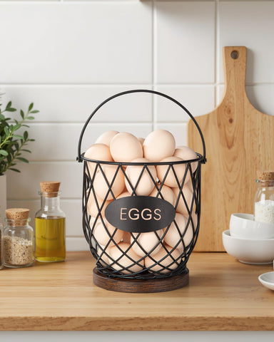 Banawey egg basket with wooden base keeps eggs stable on countertops