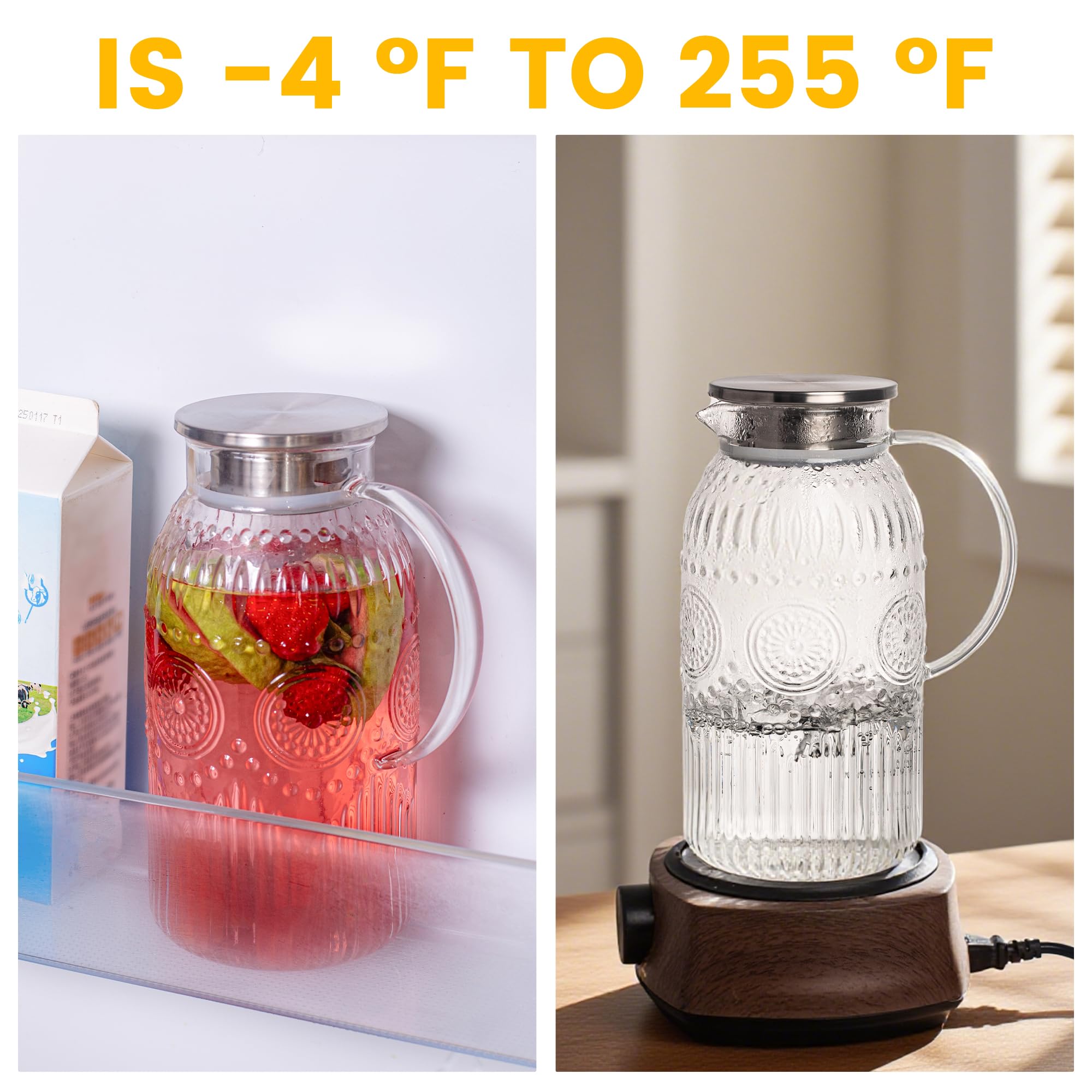 Bandesun glass pitcher in fridge shows large 2 L capacity