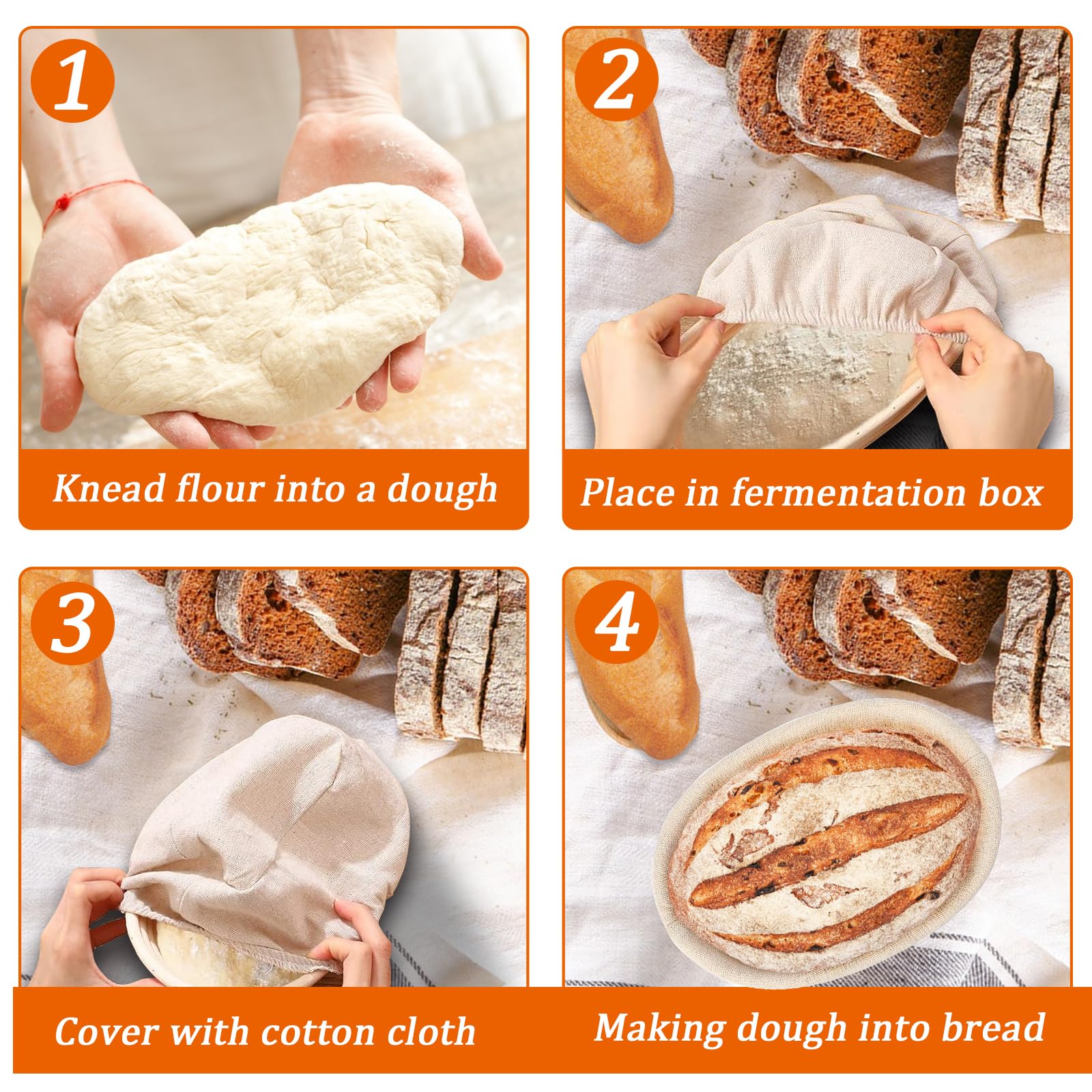 4-pack banneton bread baskets with liners for clean proofing