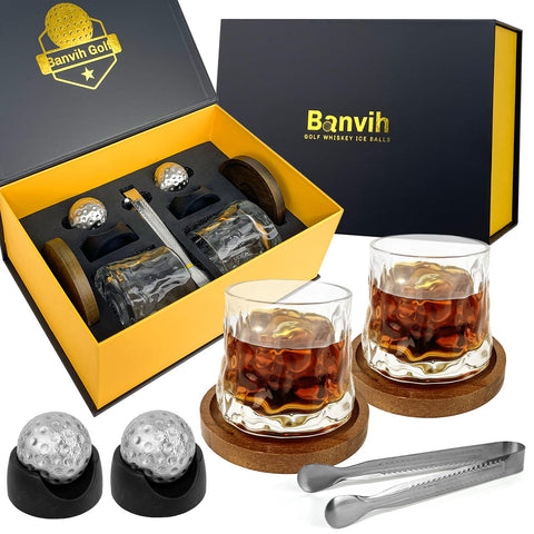 Banvih whiskey golf stones in a mahogany box, perfect for gifting.