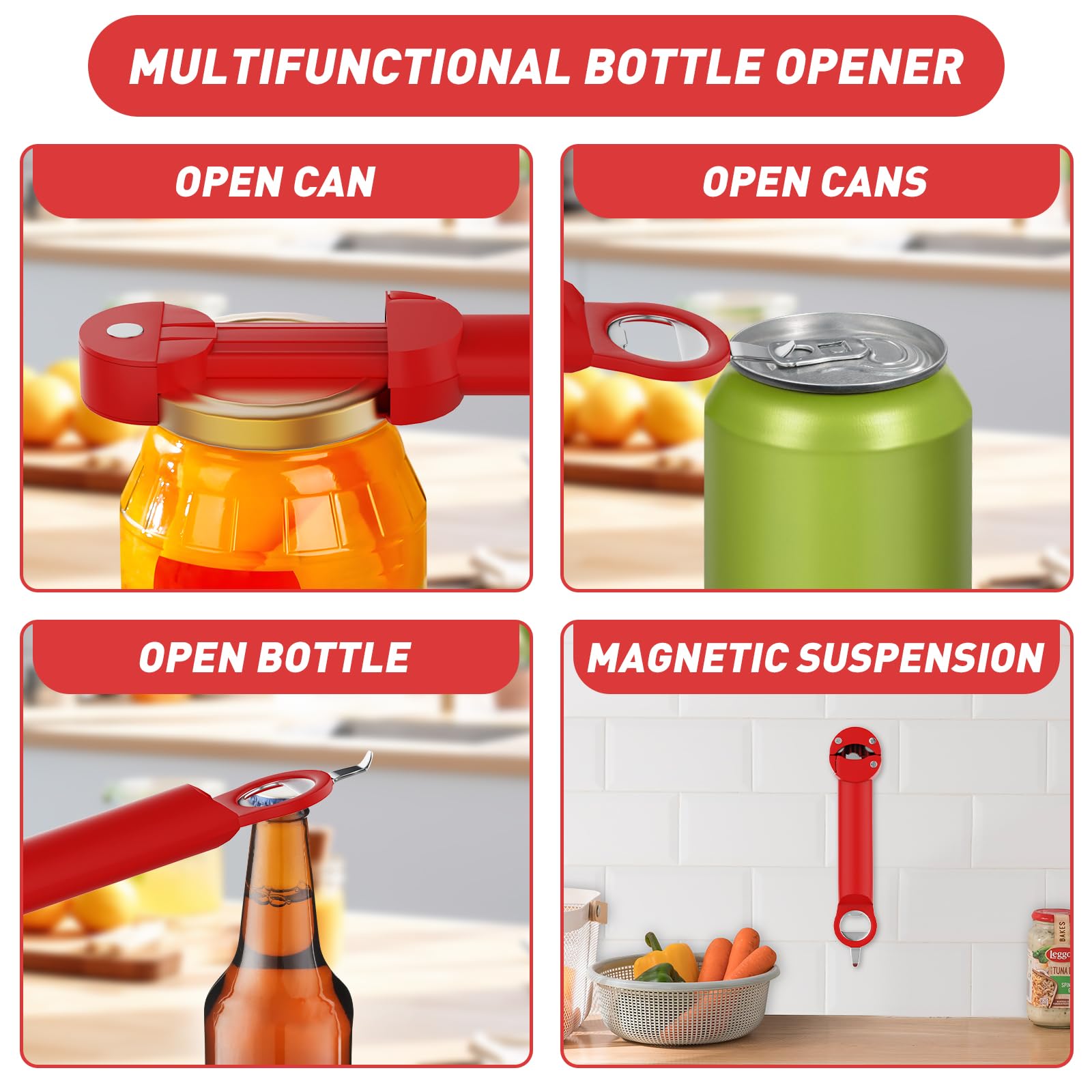 Gear bite design prevents slipping when opening tight lids.