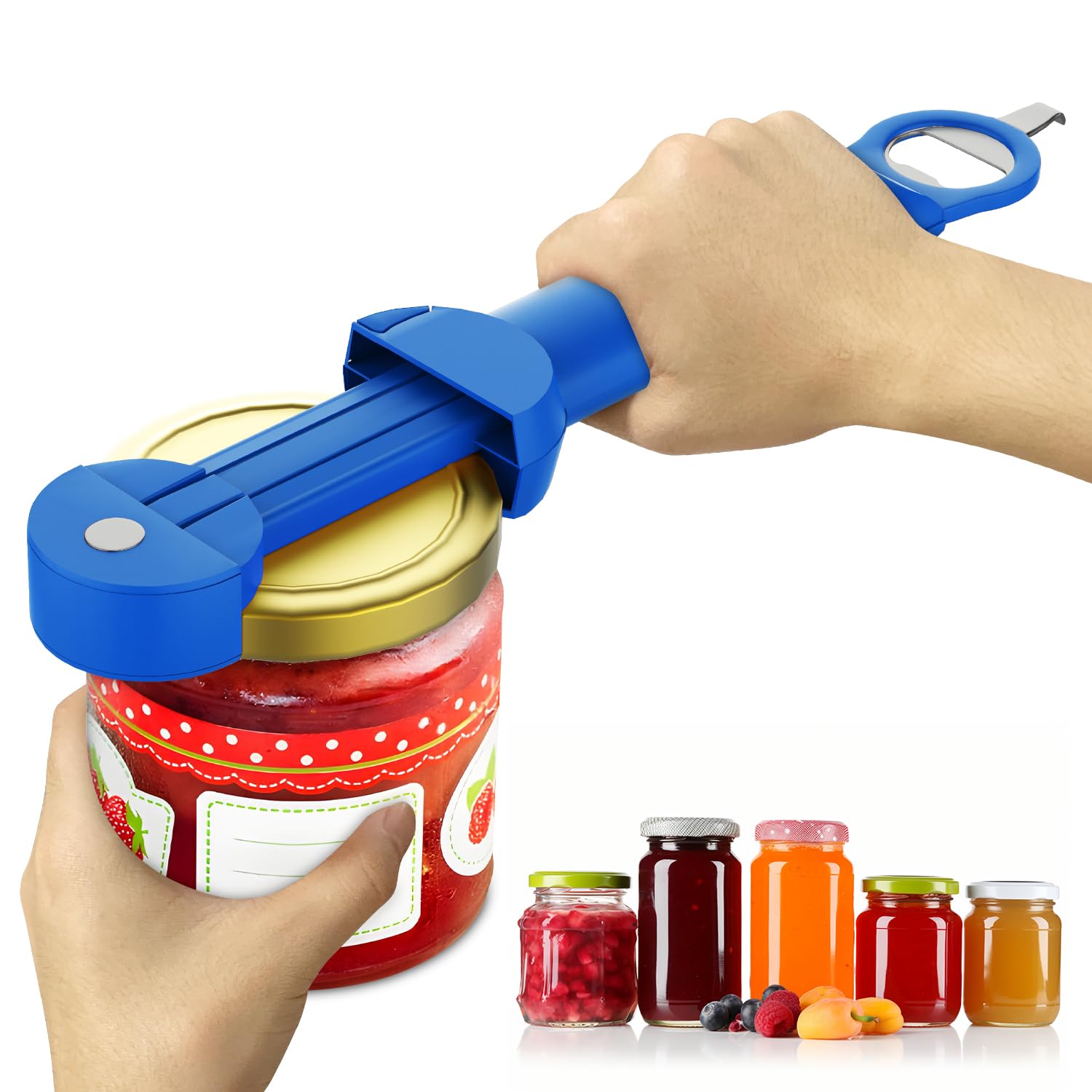 Banyaa jar opener with blue ergonomic handle for easy grip and jar access.