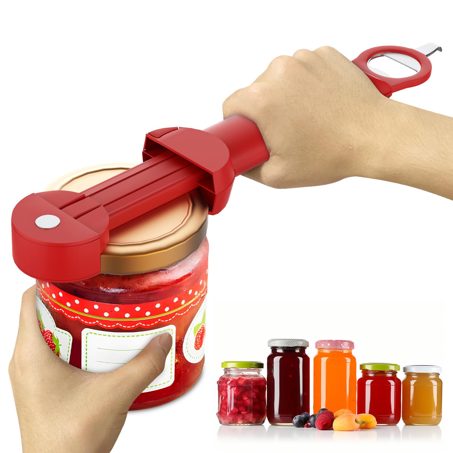 Banyaa jar opener with ergonomic handle eases jar opening for seniors.