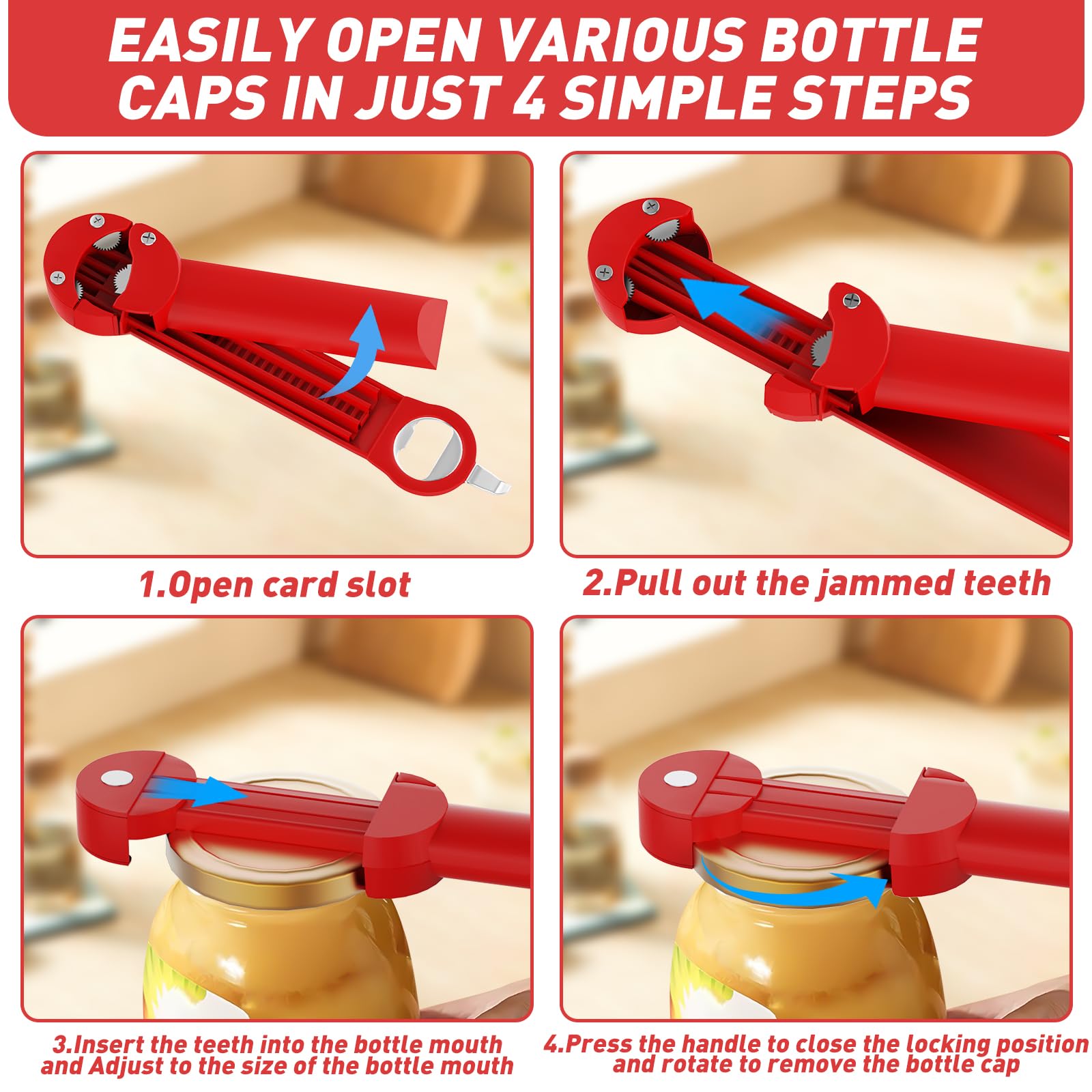 Retractable stainless opener handles bottles and cans with a comfortable grip.