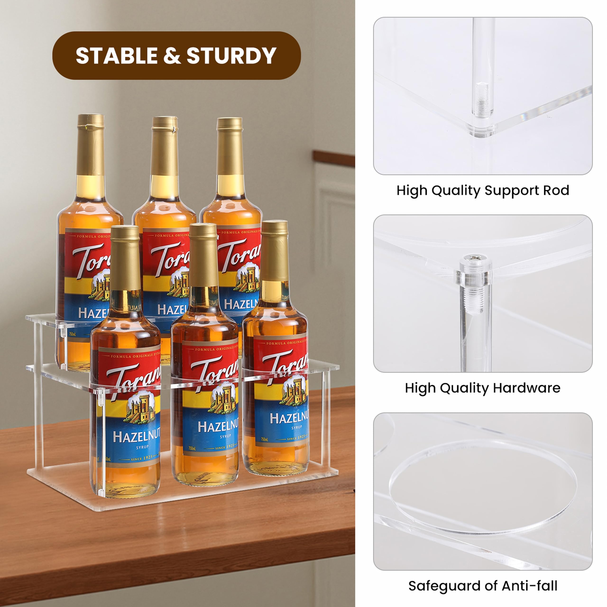Baosia transparent syrup display highlights bottle labels for quick selection.