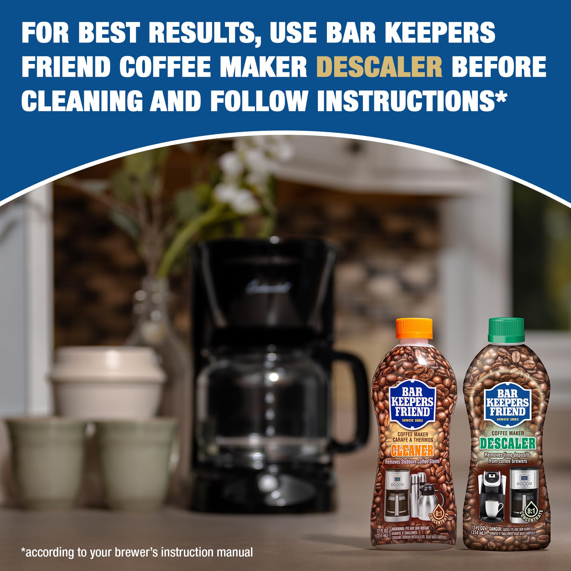 Bar Keepers Friend Coffee Maker Cleaner travel mug in use to remove residue.