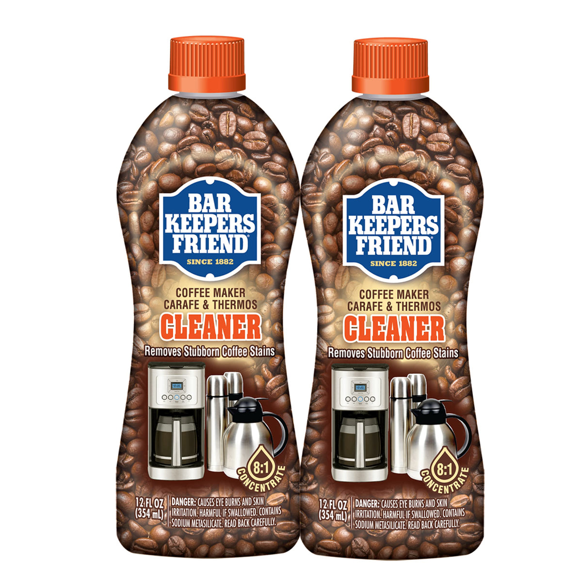 Bar Keepers Friend Coffee Maker Cleaner two-bottle pack beside an espresso machine for fresher coffee.