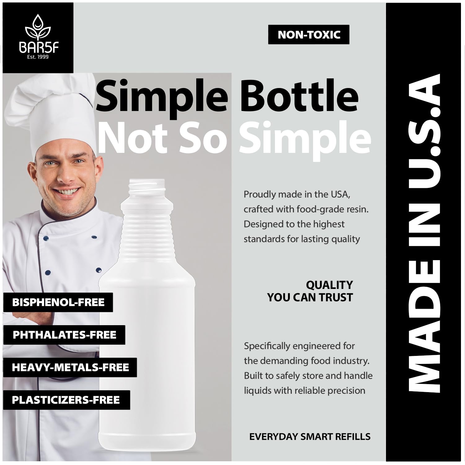 Bar5F durable HDPE bottle with thick-wall design resists cracking.