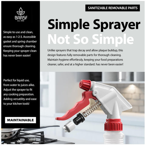 Bar5F spray bottle gasket chamber shown, enabling thorough cleaning after use.