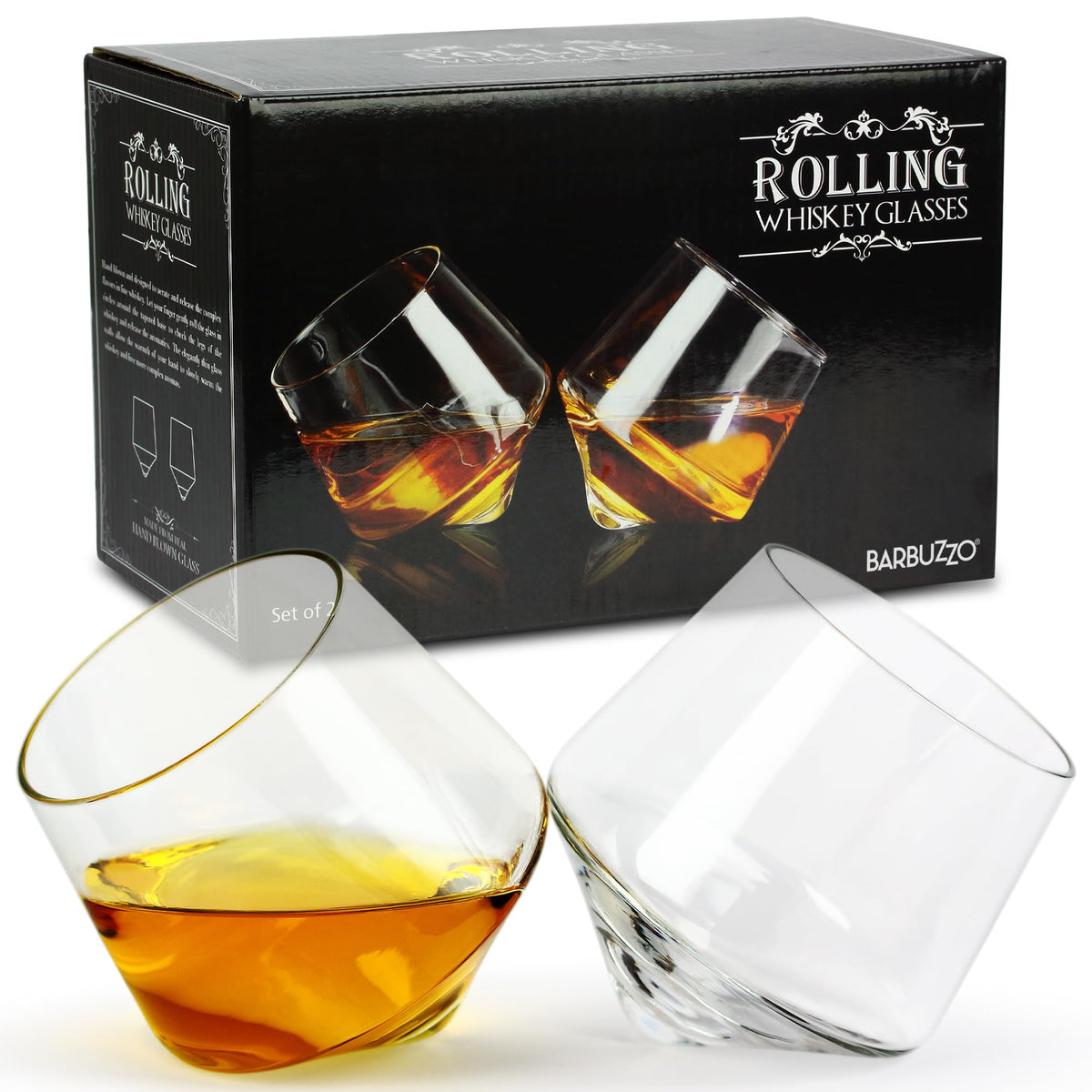 Barbuzzo rolling whiskey glasses set 2 highlight rolling action for aroma release.