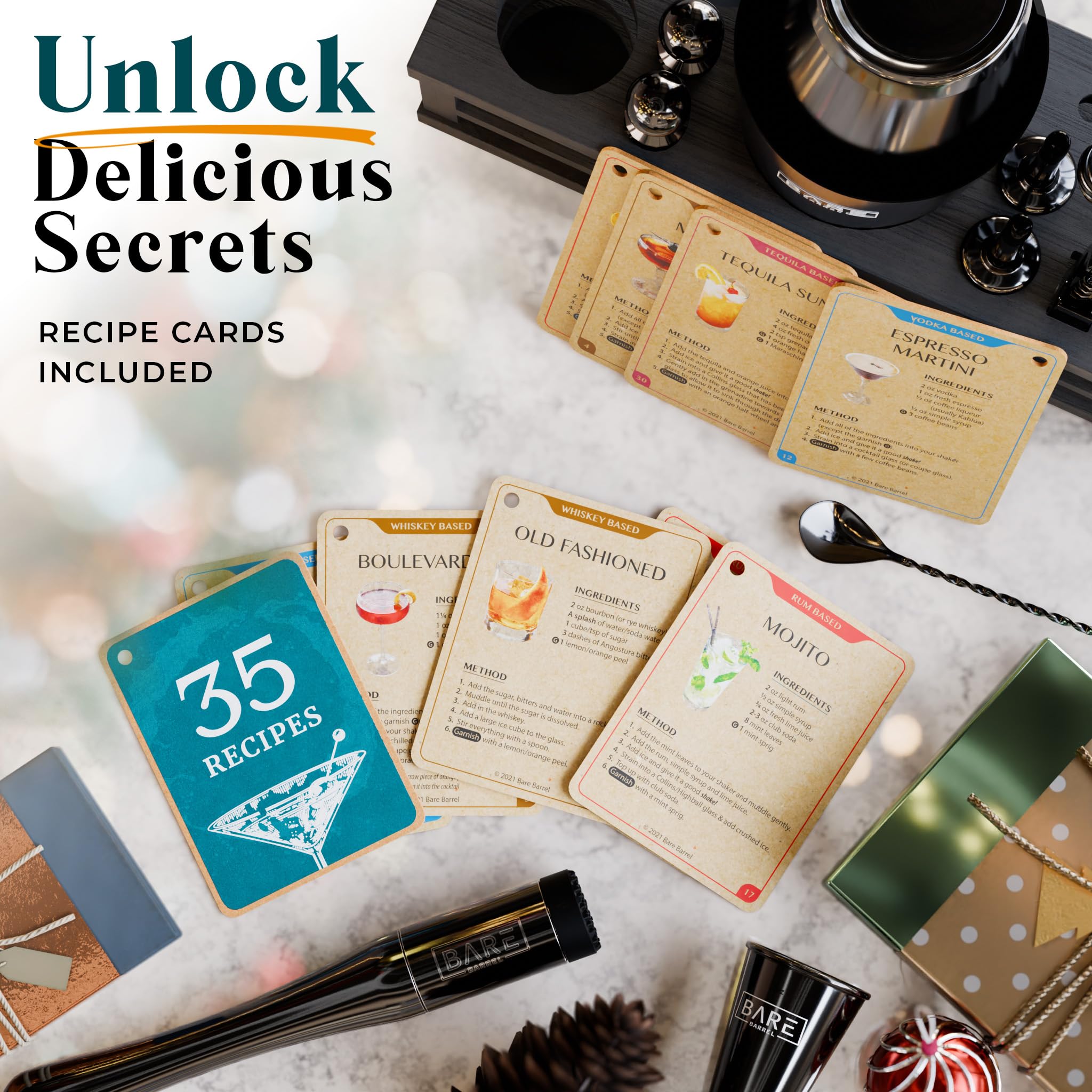 Bare Barrel 35 recipe cards inspire classic and modern cocktails.