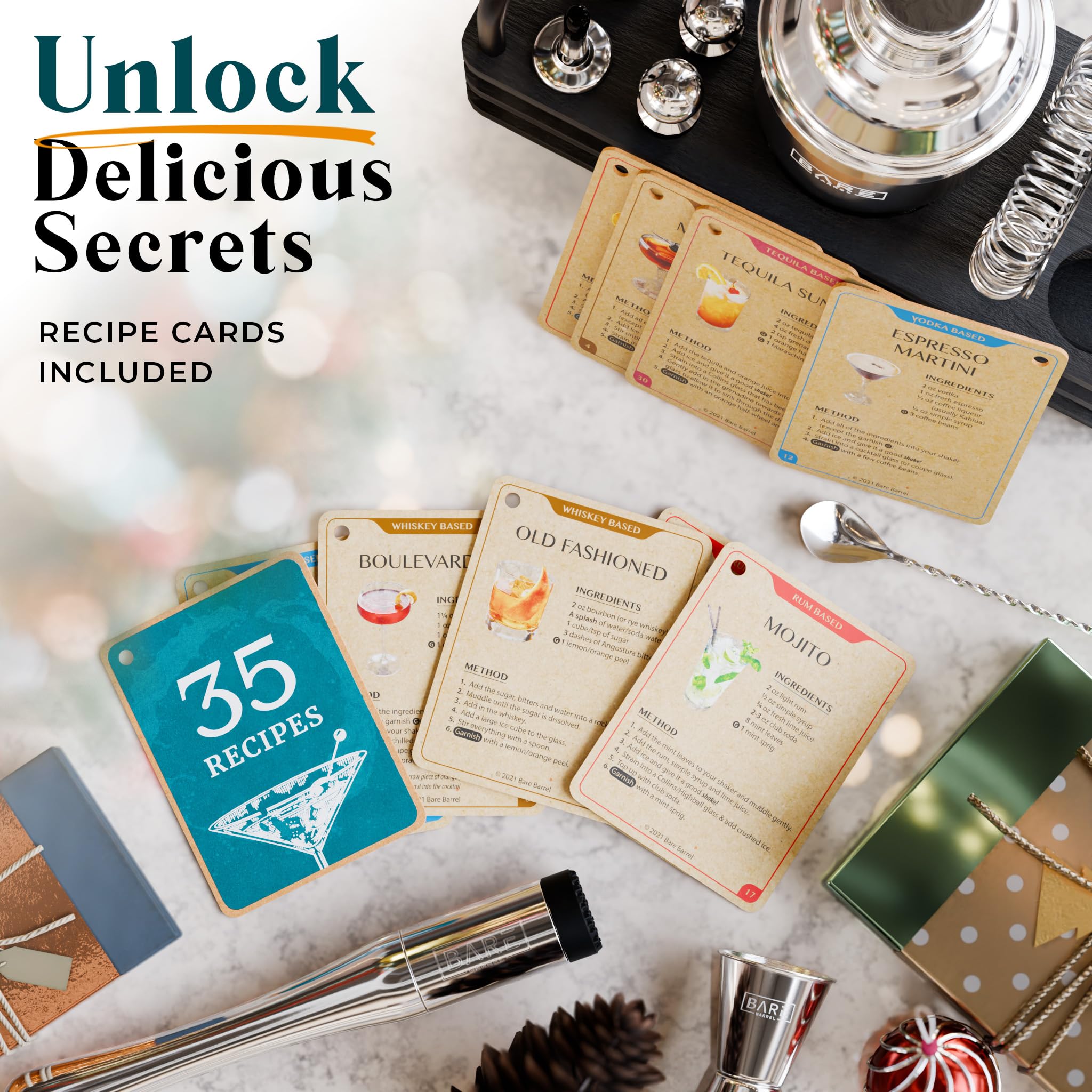 Bare Barrel 35 recipe cards spread for classics and modern twists.