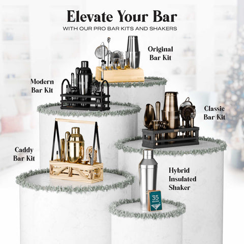 Bare Barrel home bar setup with shaker and accessories in view.