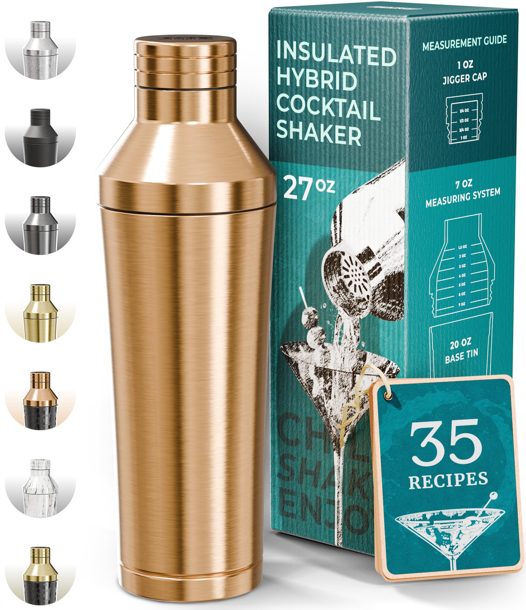 Bare Barrel insulated cocktail shaker copper finish keeps beverages cold longer.