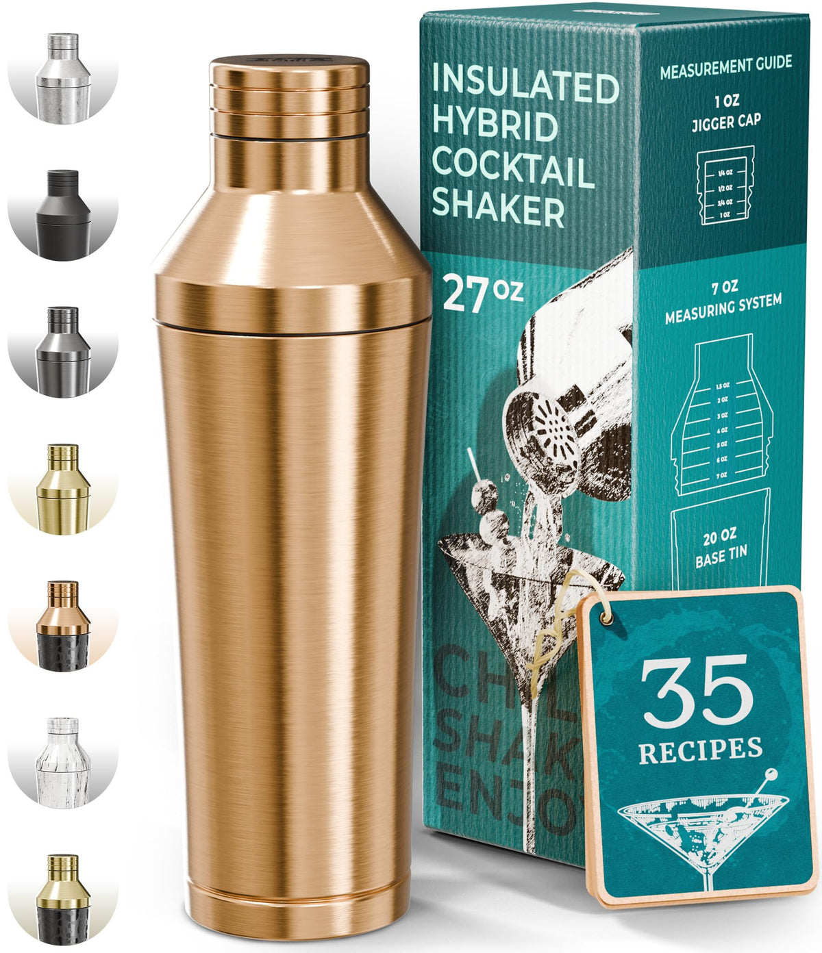 Bare Barrel insulated cocktail shaker copper finish keeps beverages cold longer.