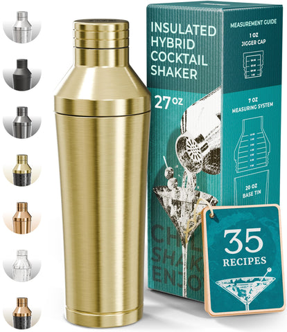 Bare Barrel insulated cocktail shaker in gold keeps drinks cold and hands dry