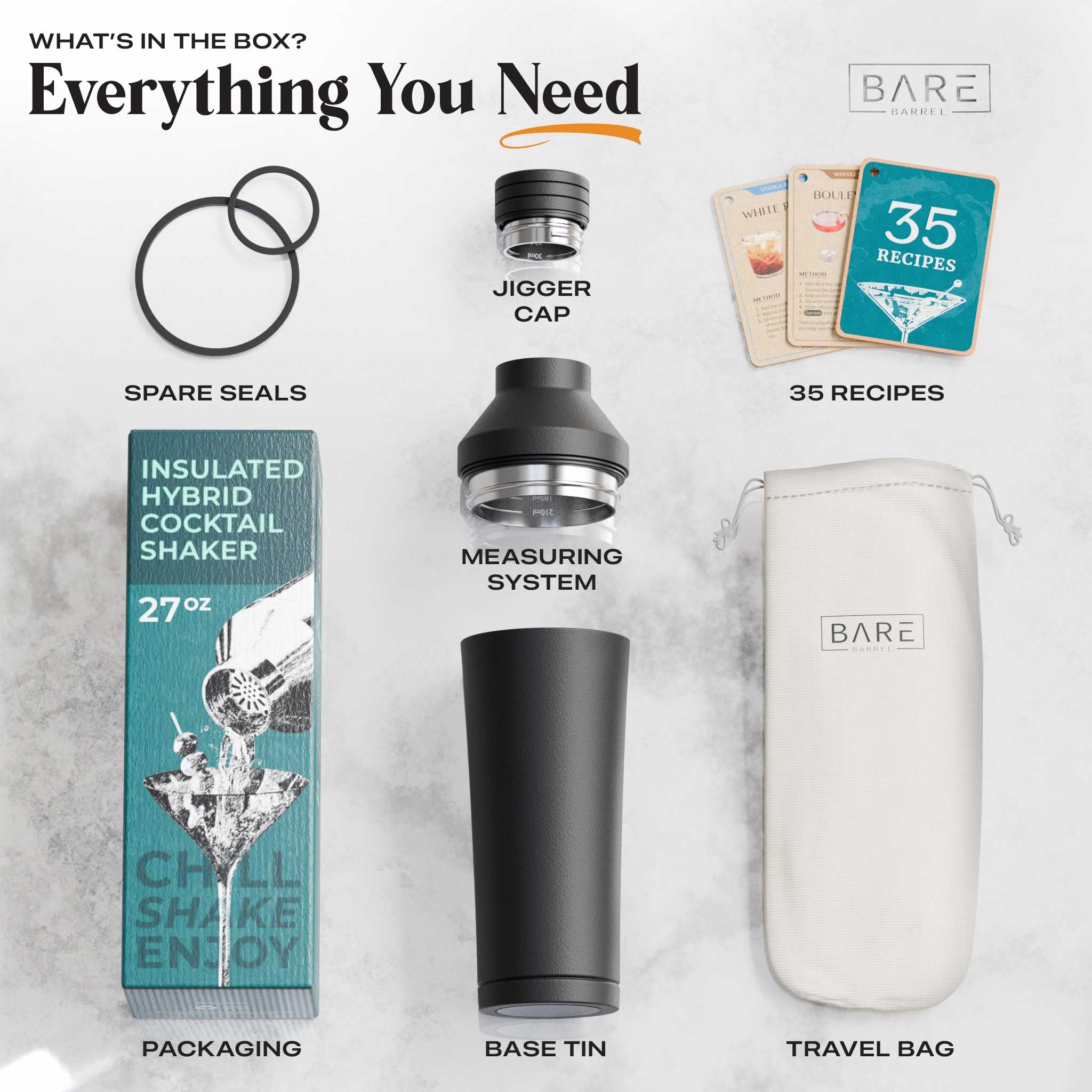 Bare Barrel leak-proof seal prevents spills during shaking