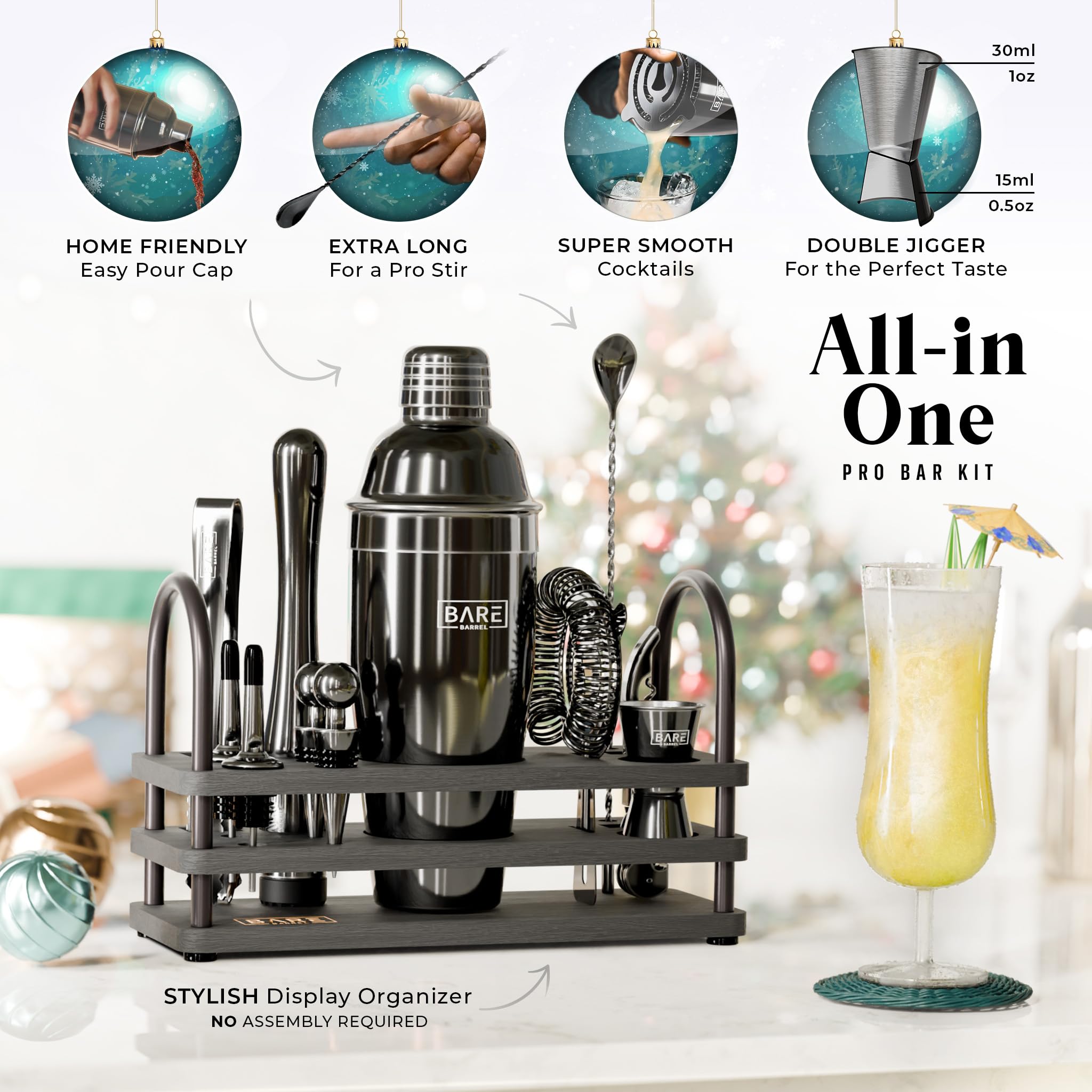 Bare Barrel jet-black barware set for modern home bartending.