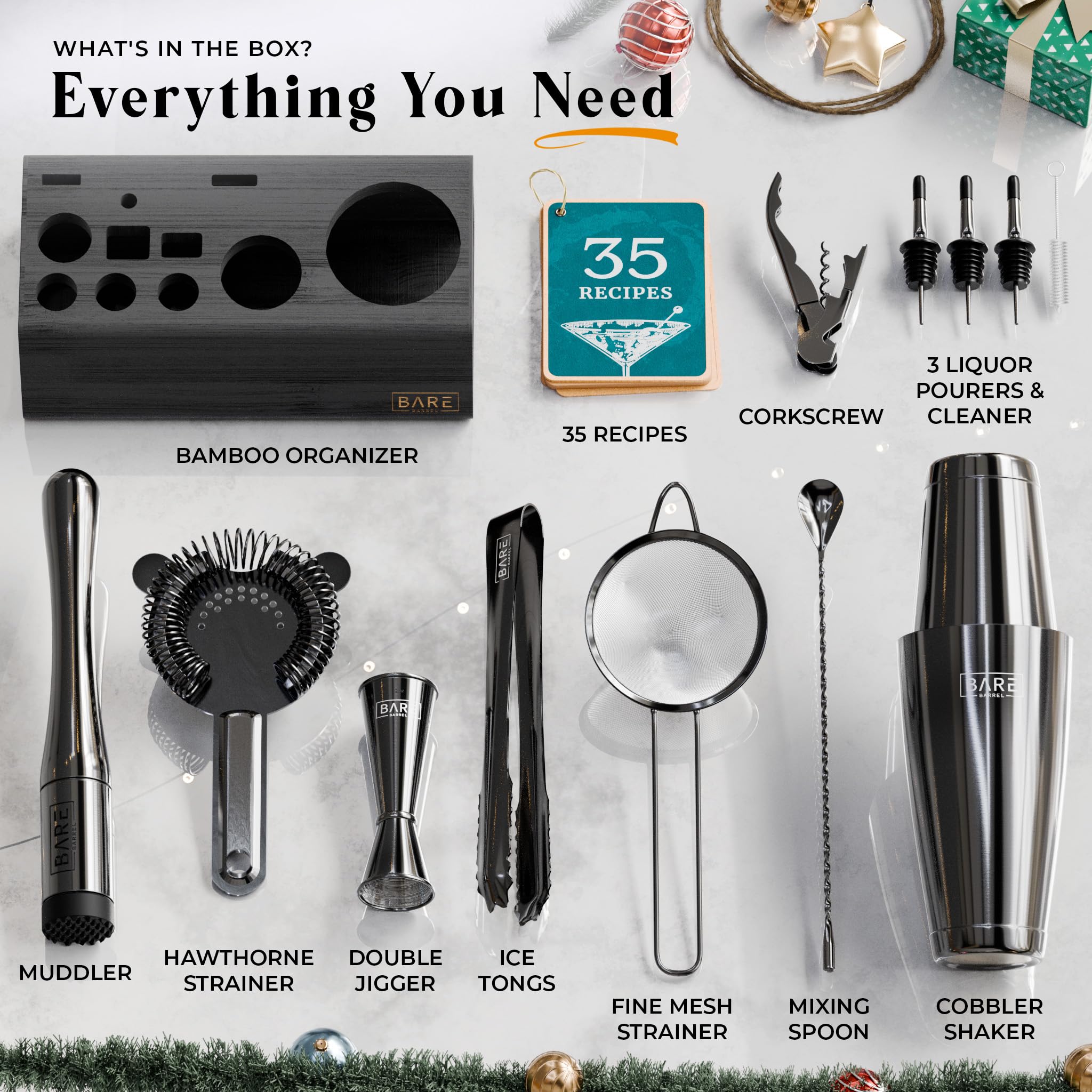 Bare Barrel martini barware tools ready for crafting perfect cocktails at home.