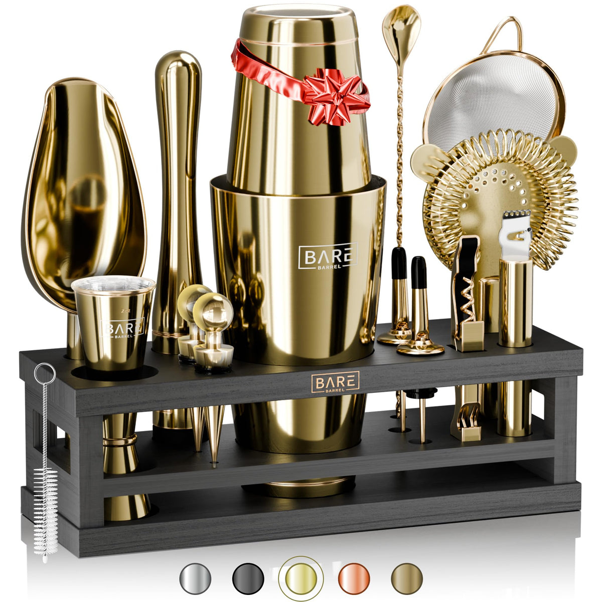 Bare Barrel mixology kit display with all bartender tools ready.
