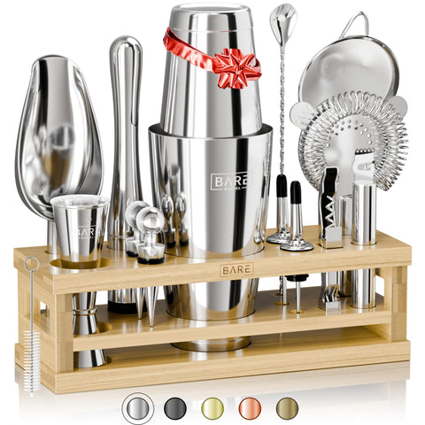 Bare Barrel mixology kit assembly shown with a complete home bar setup.