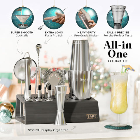 Bare Barrel silver and black bar tools showcase durable, dishwasher-safe gear