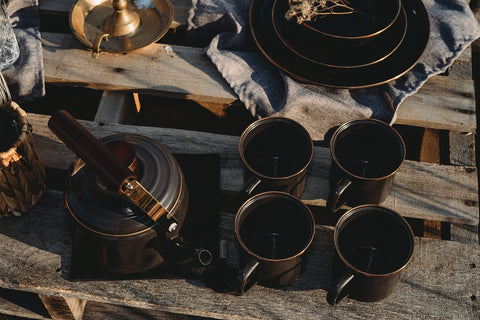 Barebones enamel cup used camping demonstrates versatile mug for drinks and soups.