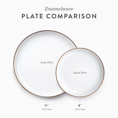 Barebones speckled enamel surface adds character to any outdoor table.