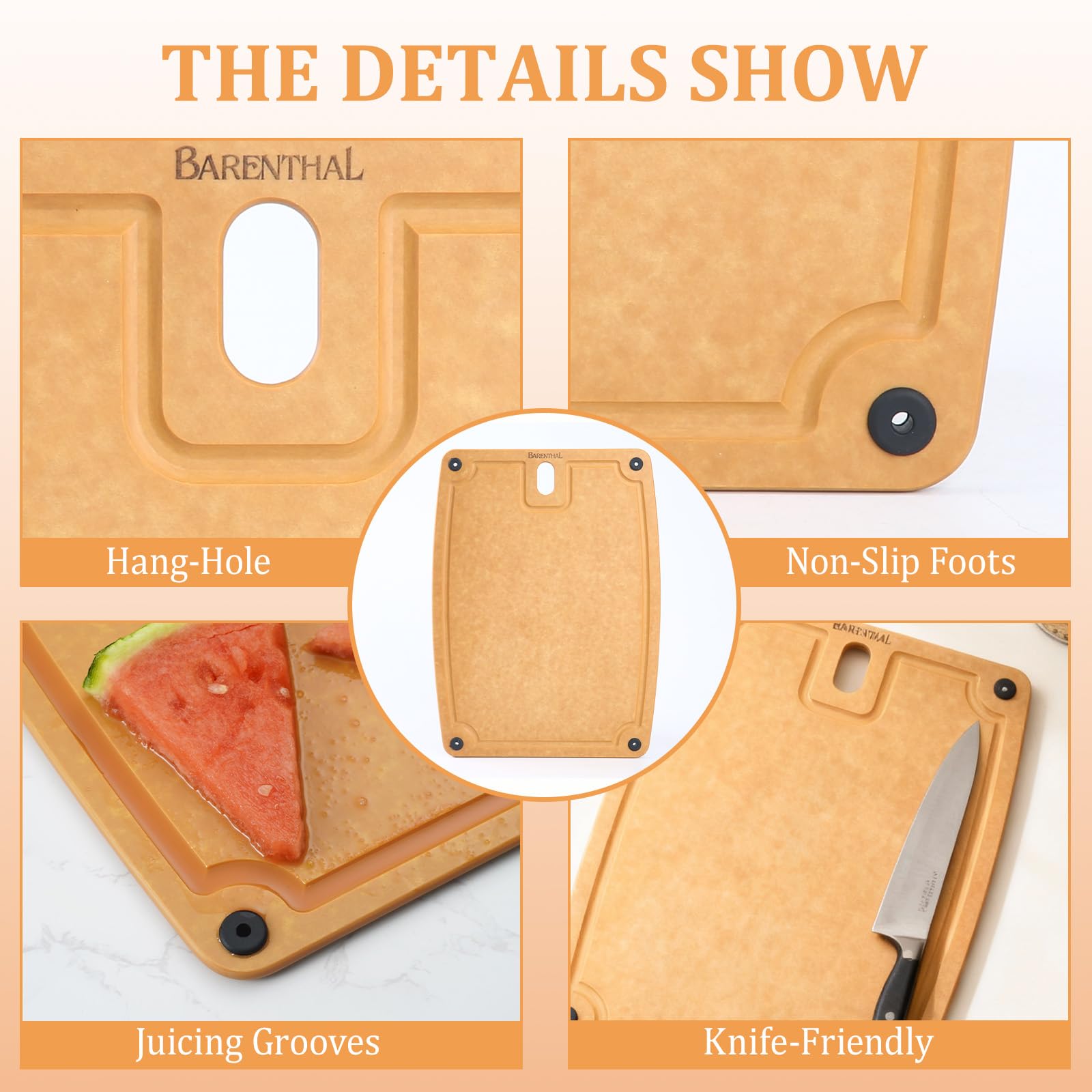 Barenthal cutting board with non-slip feet for stable prep.