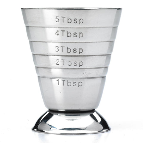Barfly 2.5 oz capacity stainless steel cup ready for precise pours