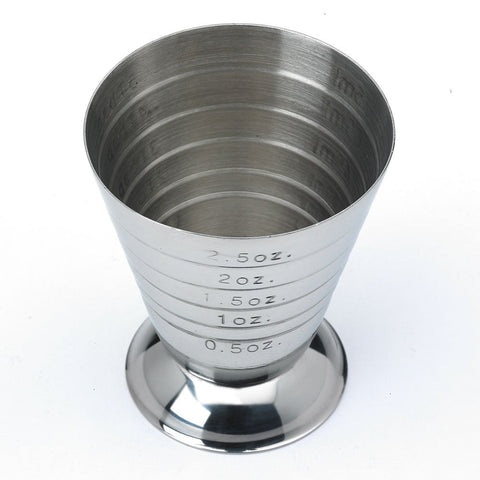 Barfly measuring cup with easy pour design to prevent spills