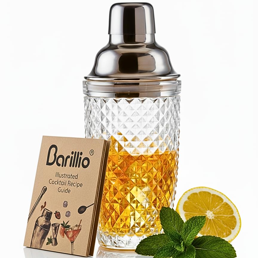 Barillio 14 oz glass shaker with built-in strainer for precise single-serve drinks