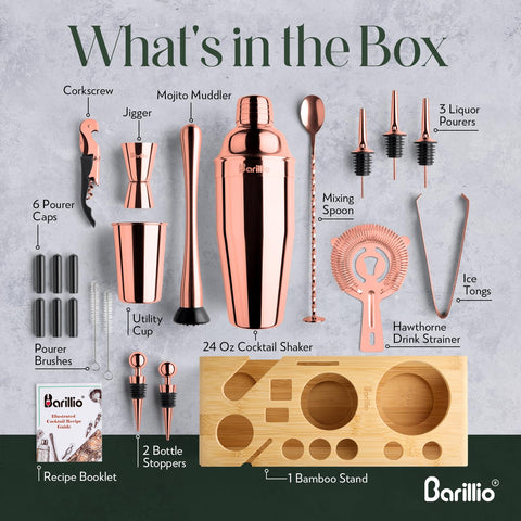 Barillio 23-piece set laid out to showcase complete home bar collection.