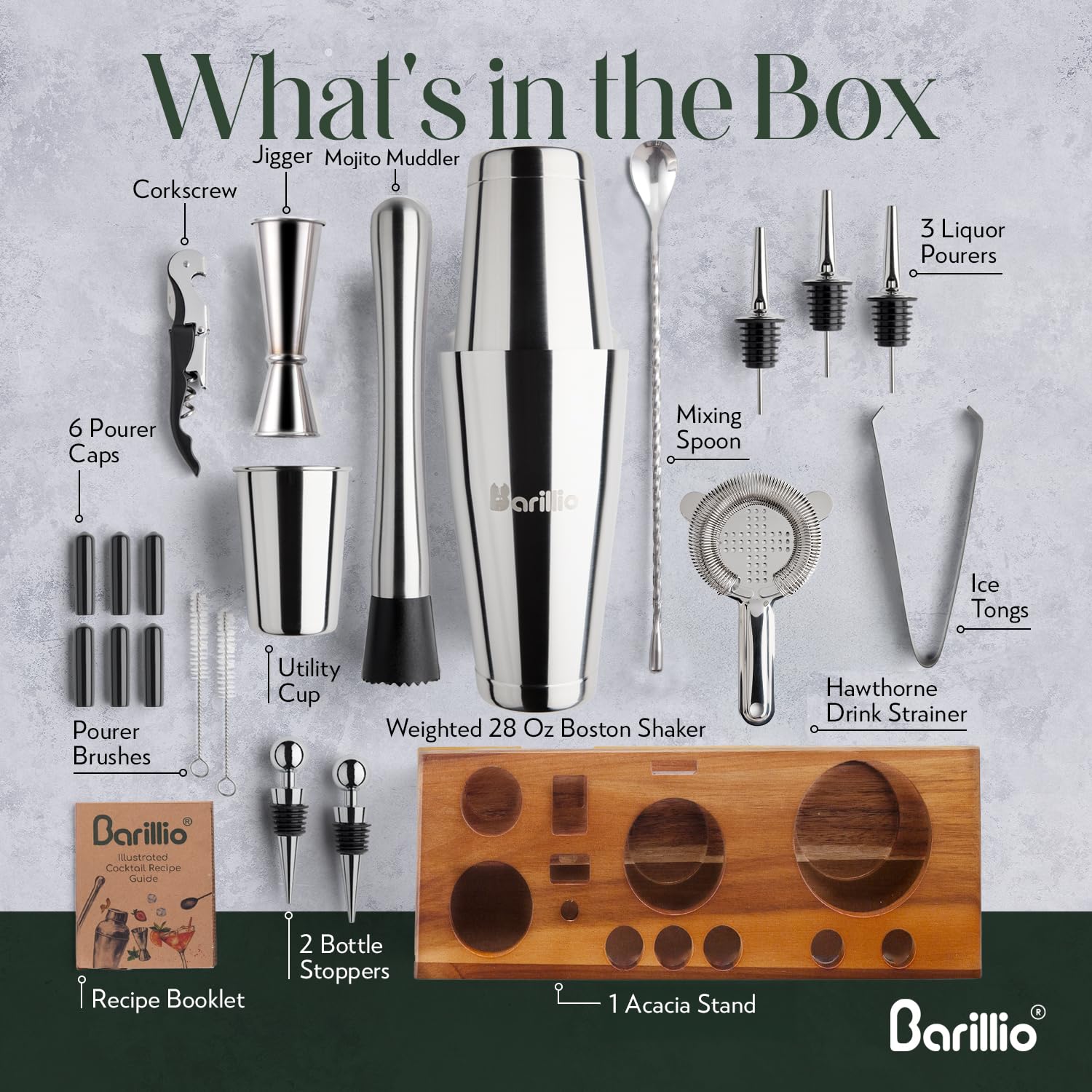 Barillio Acacia stand detail—elegant display keeps shaker within reach.