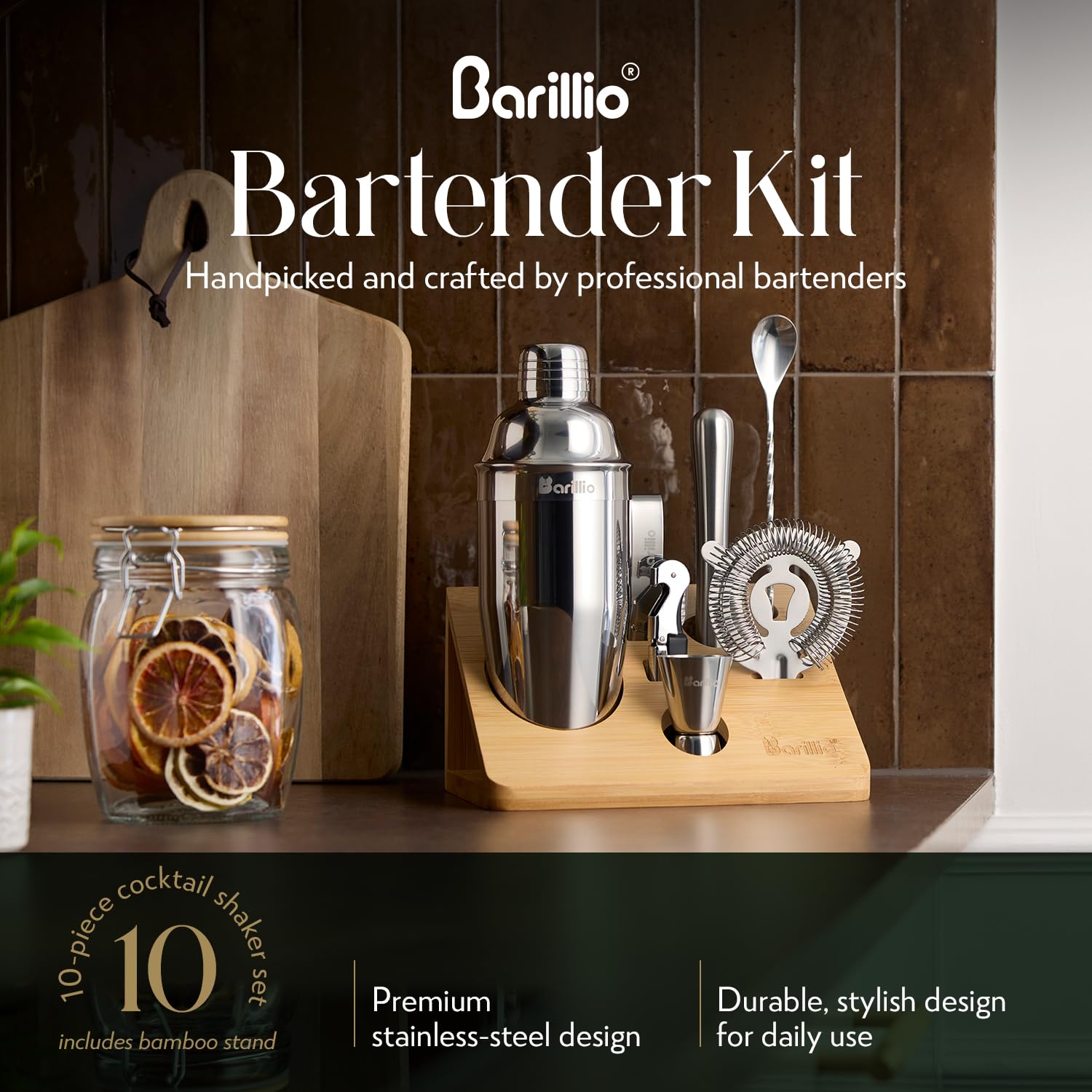 Close-up of bamboo stand with utensil holders for organized home bar