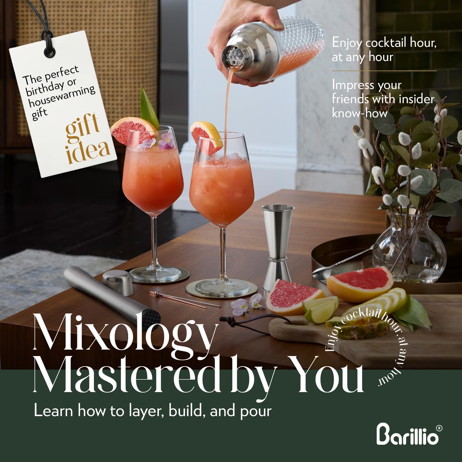 Barillio set includes spoon, muddler, and double jigger for precise mixing.