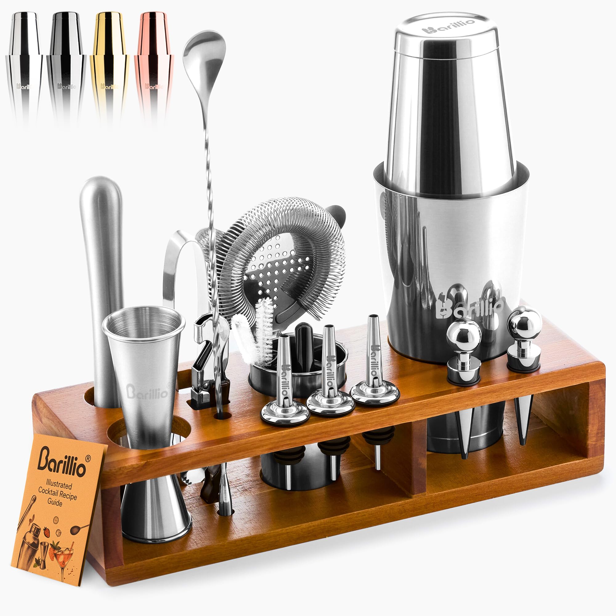 Barillio bartender kit with Acacia stand keeps tools organized for home mixing.