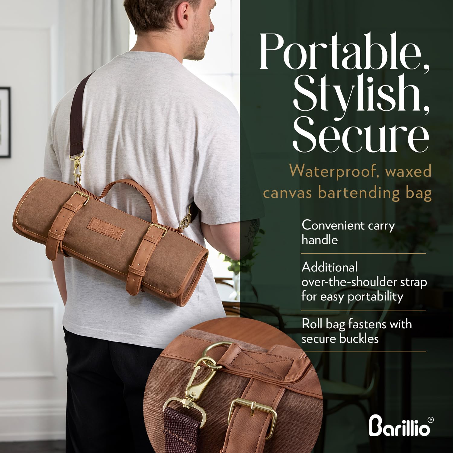 Barillio Bartender Kit Bag compartments and pockets organize tools efficiently.