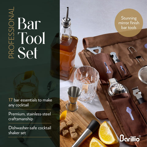 Barillio Bartender Kit Bag leather straps and handle for easy portability.