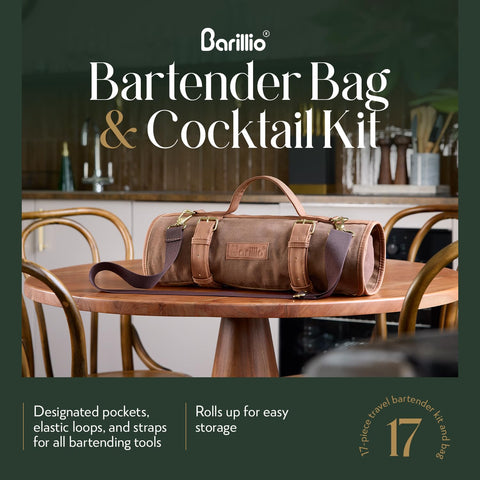 Barillio Bartender Kit Bag roll-up design ideal for travel setups.