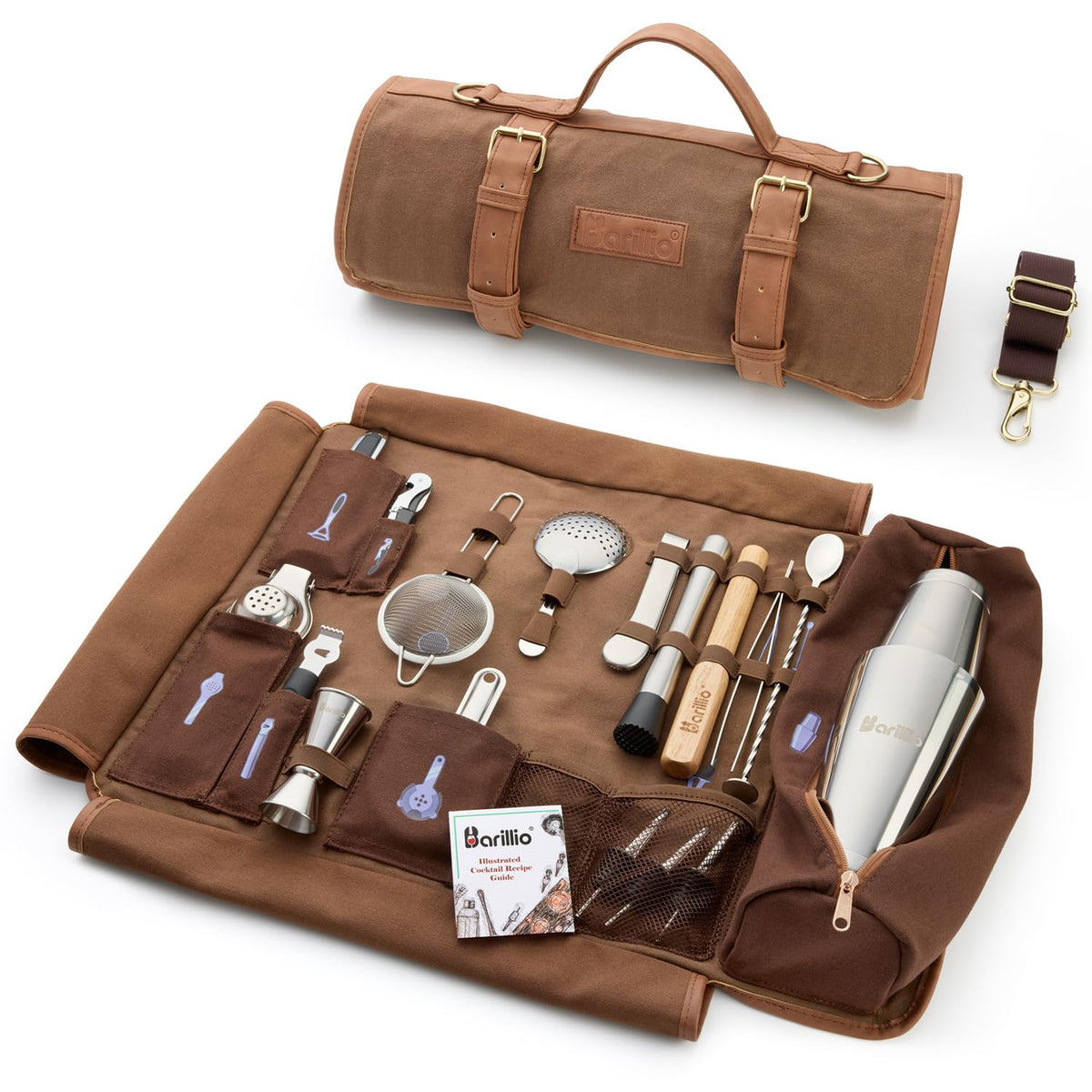 Barillio Bartender Kit Bag shaker compartment for on-the-go mixing.