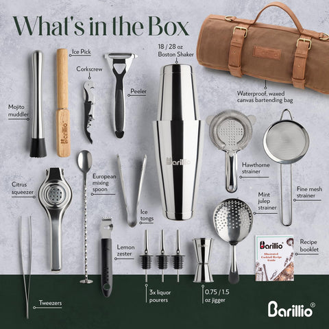 Barillio Bartender Kit Bag stainless steel utensils resist rust and dishwasher safe.